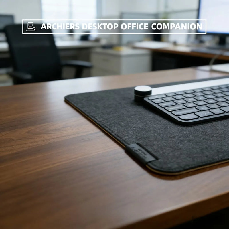 Deskora FIELD felt and cork desk mat XL on wooden desk
