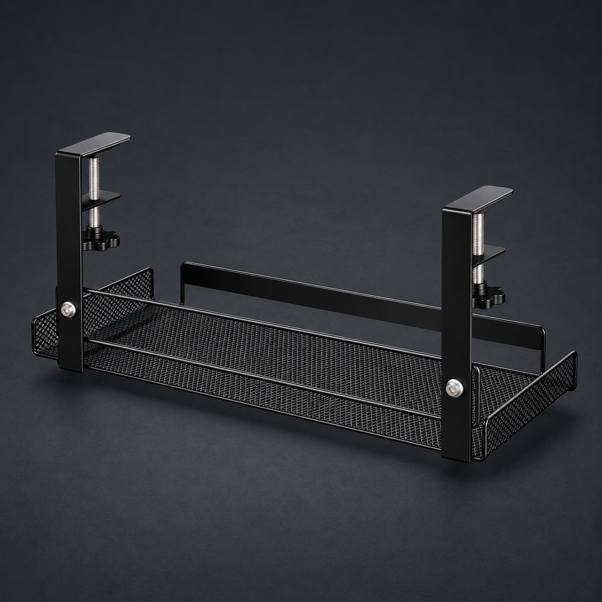 TRAY — Under-Desk Cable Manager on graphite studio background; styled visualization