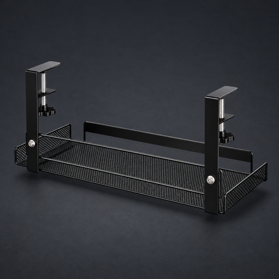TRAY — Under-Desk Cable Manager on graphite studio background; styled visualization