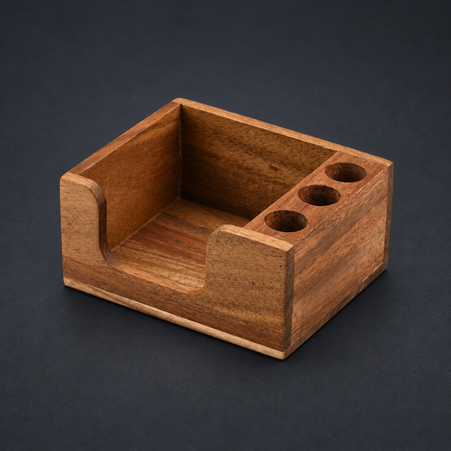 NOTE — Solid Wood Desk Caddy — individual component photo; styled visualization