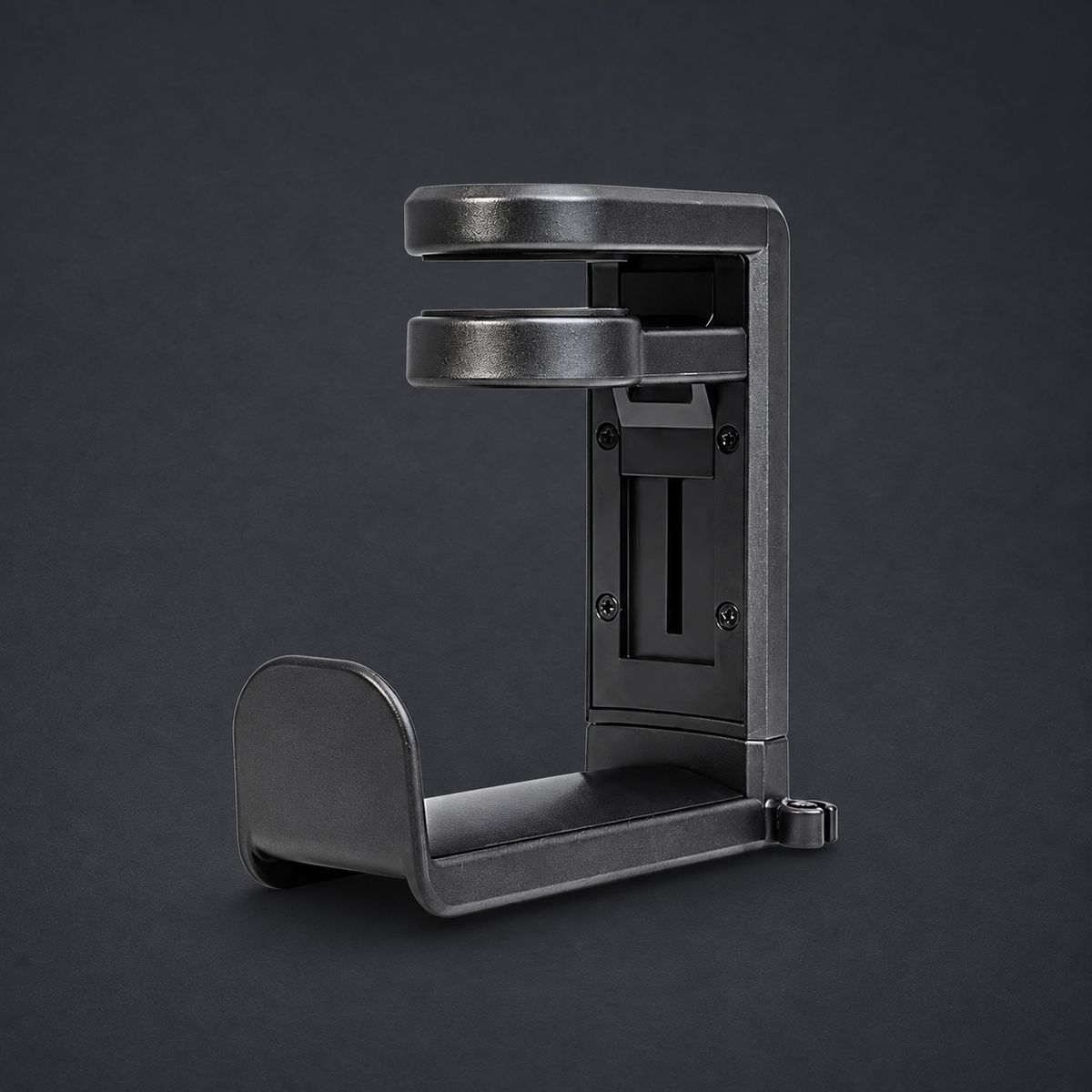 HANG — Under-Desk Headphone Hook on graphite studio background; styled visualization