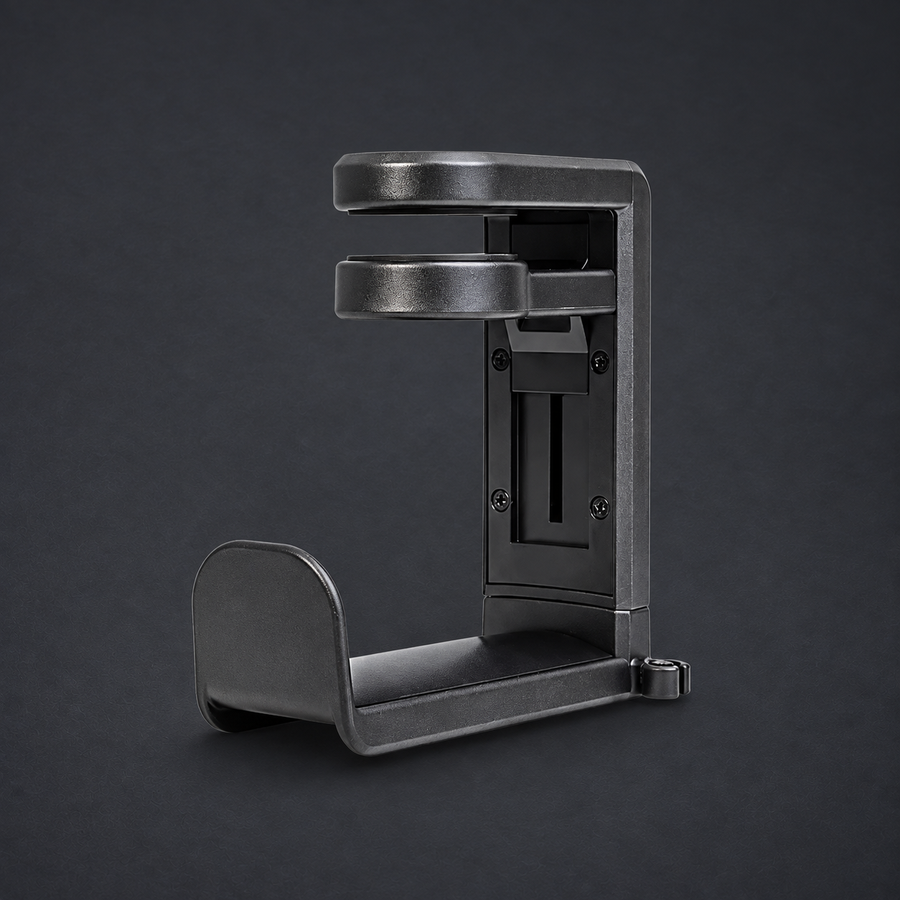 HANG — Under-Desk Headphone Hook on graphite studio background; styled visualization