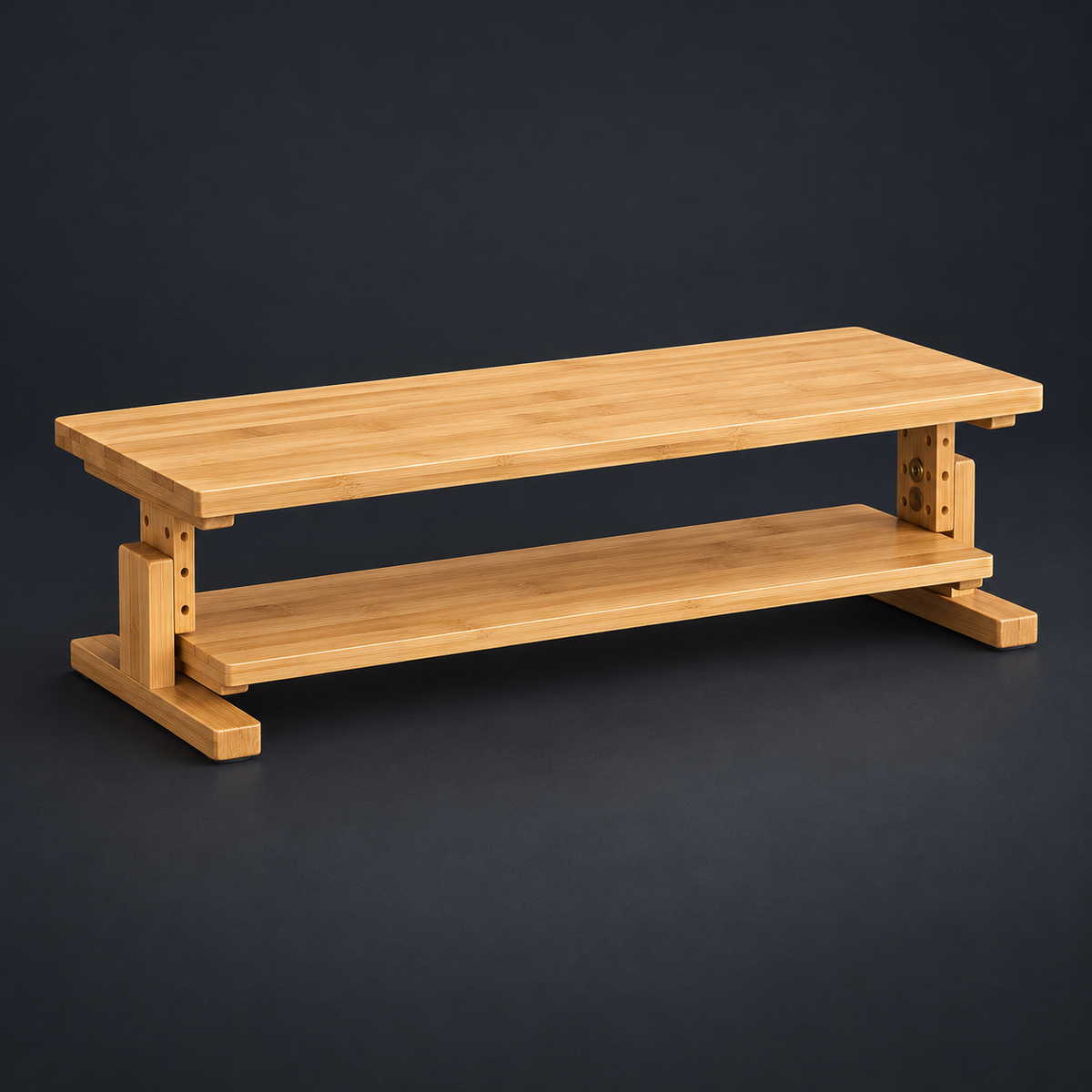 DECK — Bamboo Monitor Riser on graphite studio background; styled visualization