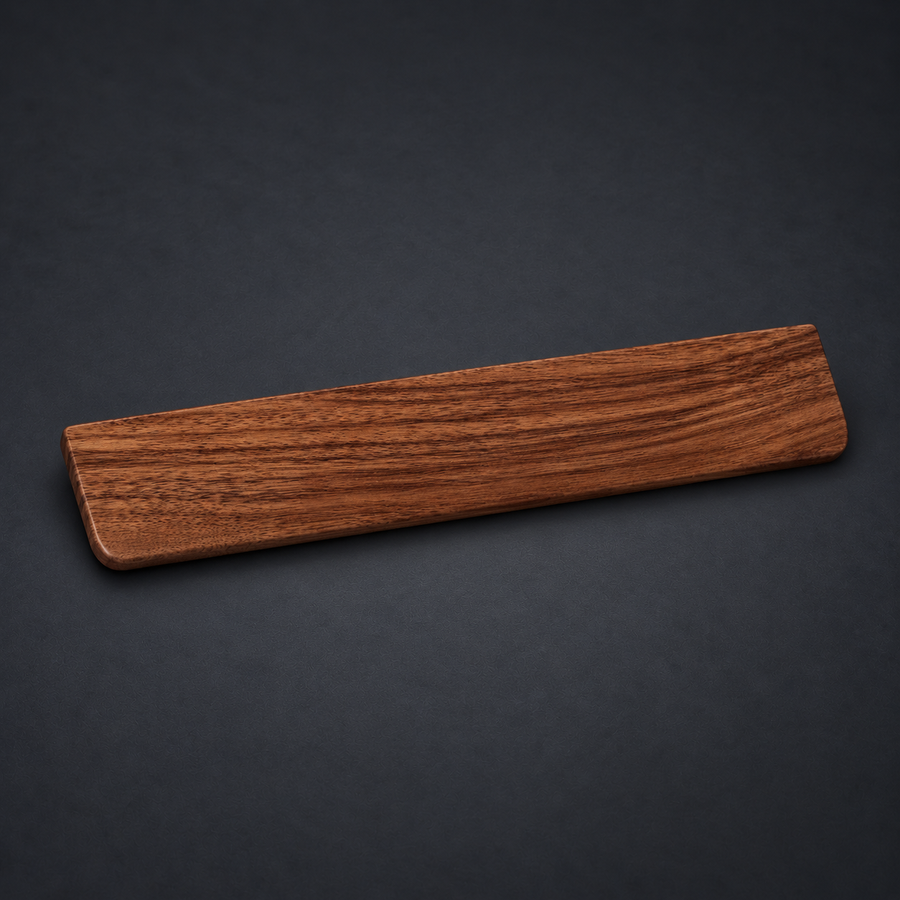 PALM — Walnut Keyboard Wrist Rest on graphite studio background; styled visualization