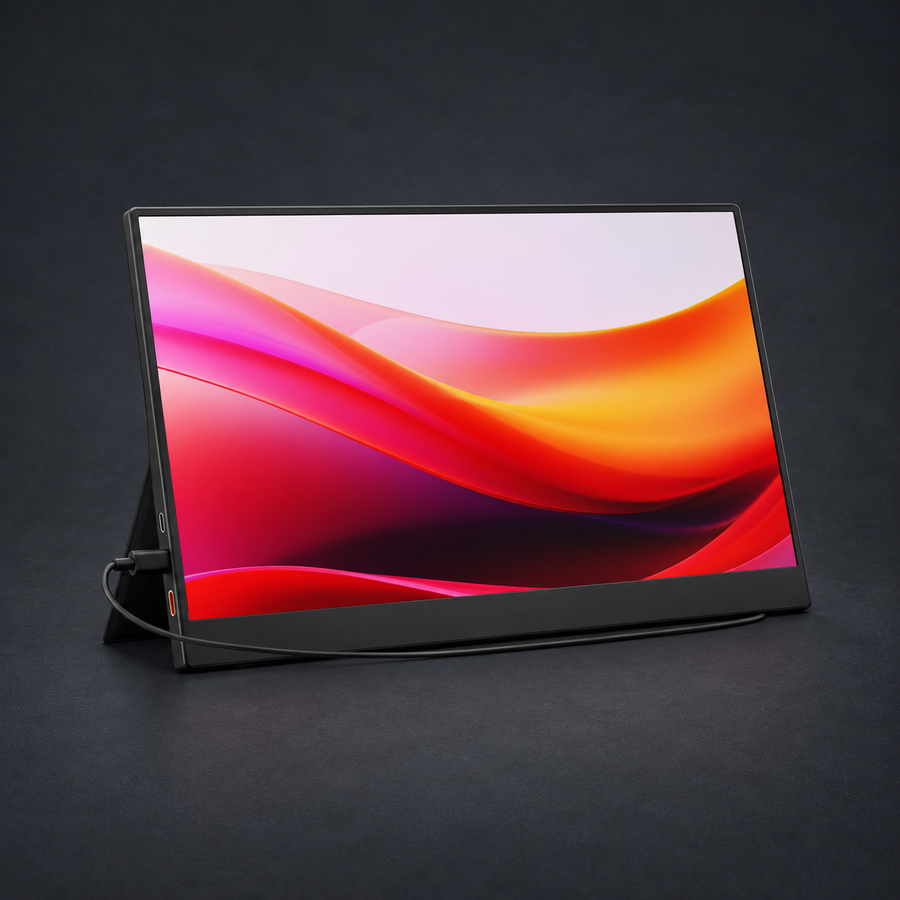 TWIN — 15.6" Portable Monitor on graphite studio background; styled visualization