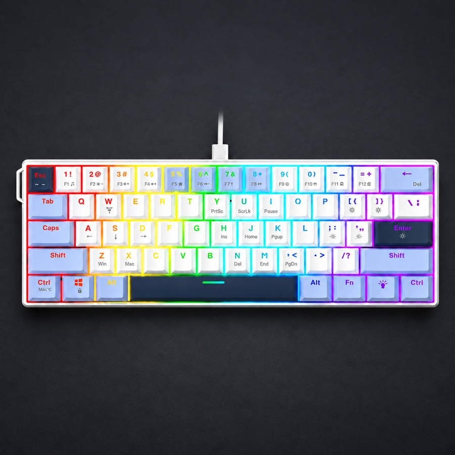 STRIKE — 60% Mechanical Keyboard on graphite studio background; styled visualization