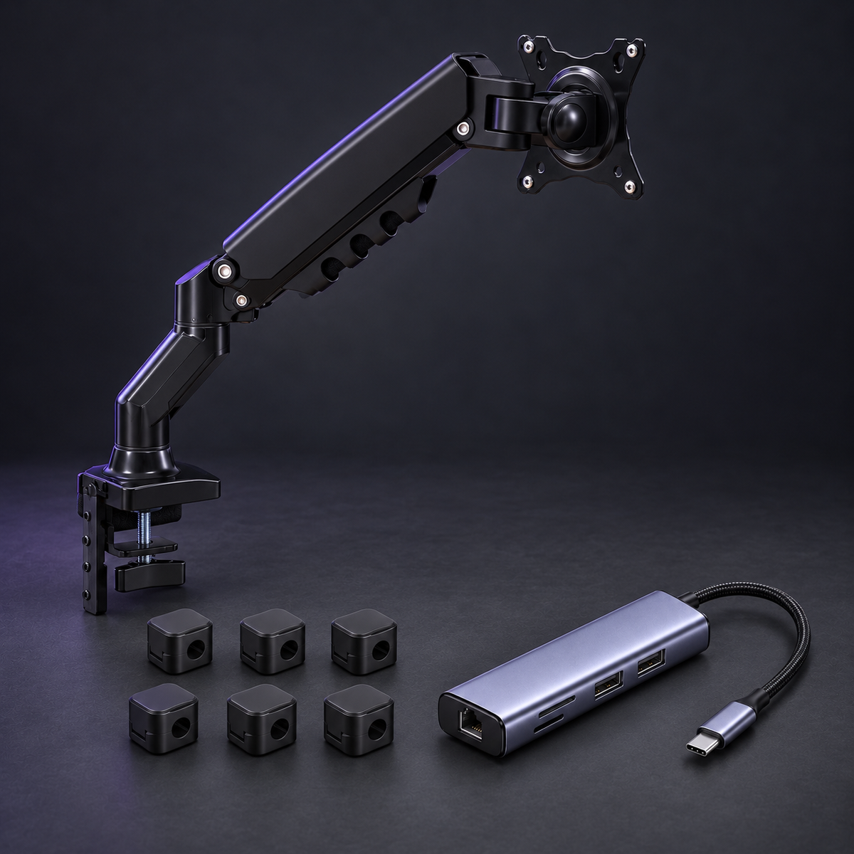 CLEAN DESK: RISE F80-G black monitor arm, LINK 7-in-1 hub and six black SNAP clips; styled visualization, branding removed