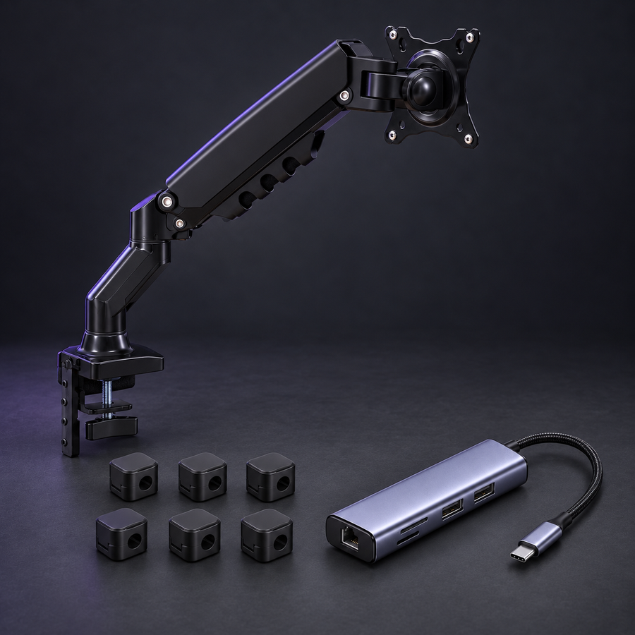 CLEAN DESK: RISE F80-G black monitor arm, LINK 7-in-1 hub and six black SNAP clips; styled visualization, branding removed