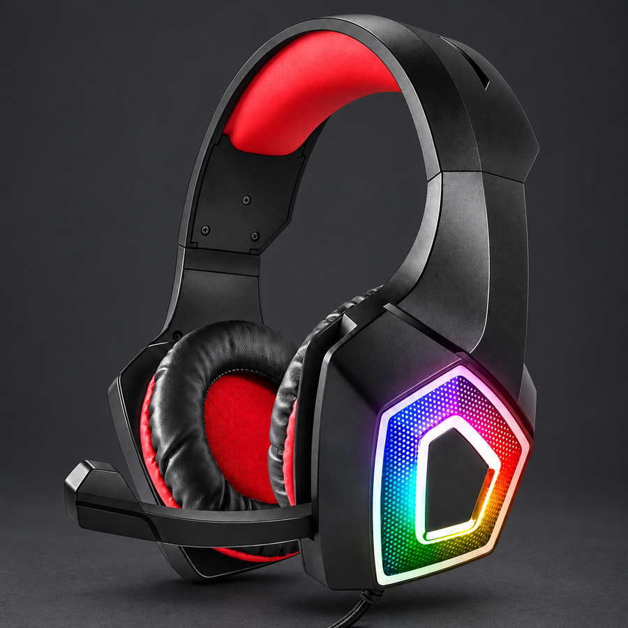 comms-headset-red — logo-free graphite studio photo