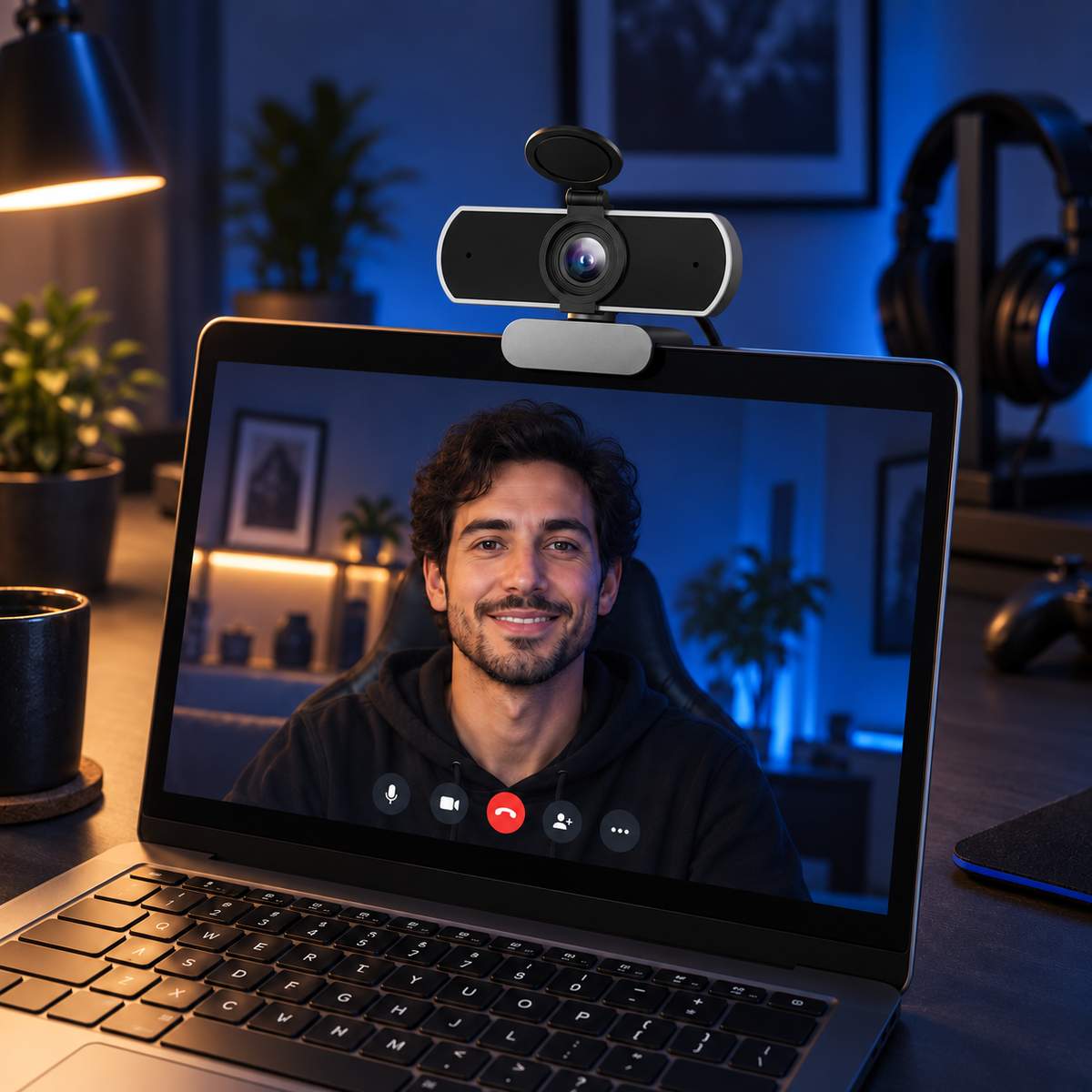 FOCUS 1080P webcam clipped to a laptop; styled visualization with branding removed