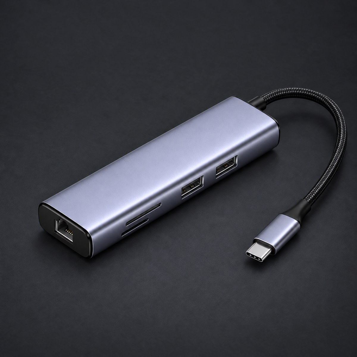 LINK 7-in-1 hub on graphite studio background; styled visualization with branding removed