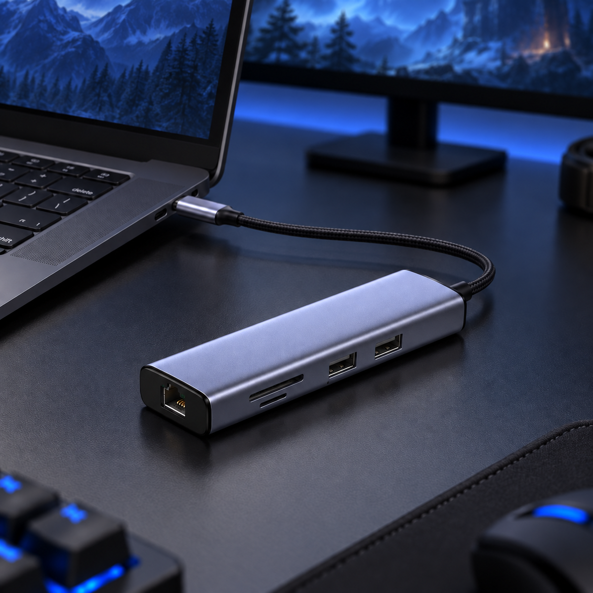 LINK 7-in-1 hub beside a laptop; styled visualization with branding removed