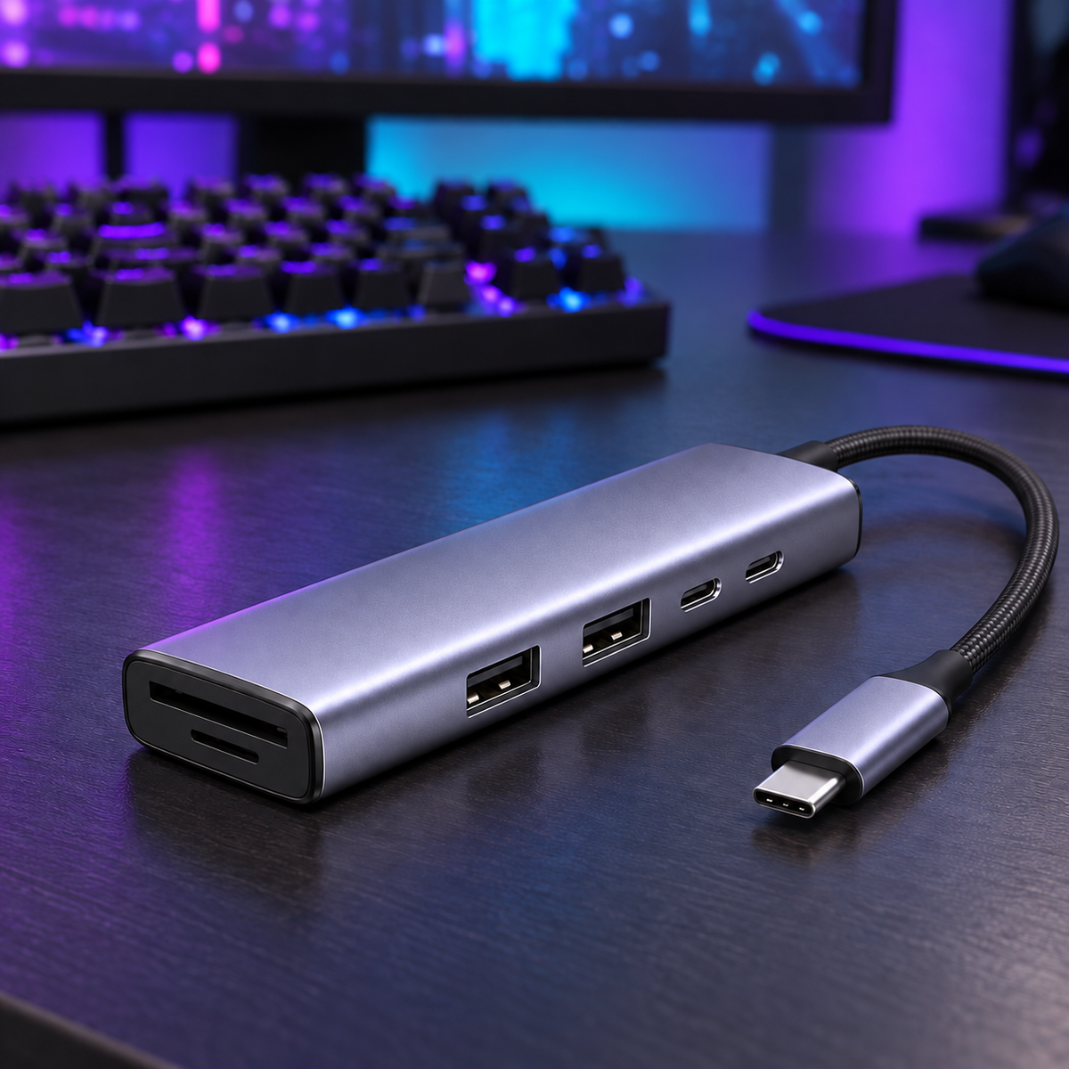 LINK 9-in-1 5Gbps hub on a gaming desk; styled visualization with branding removed