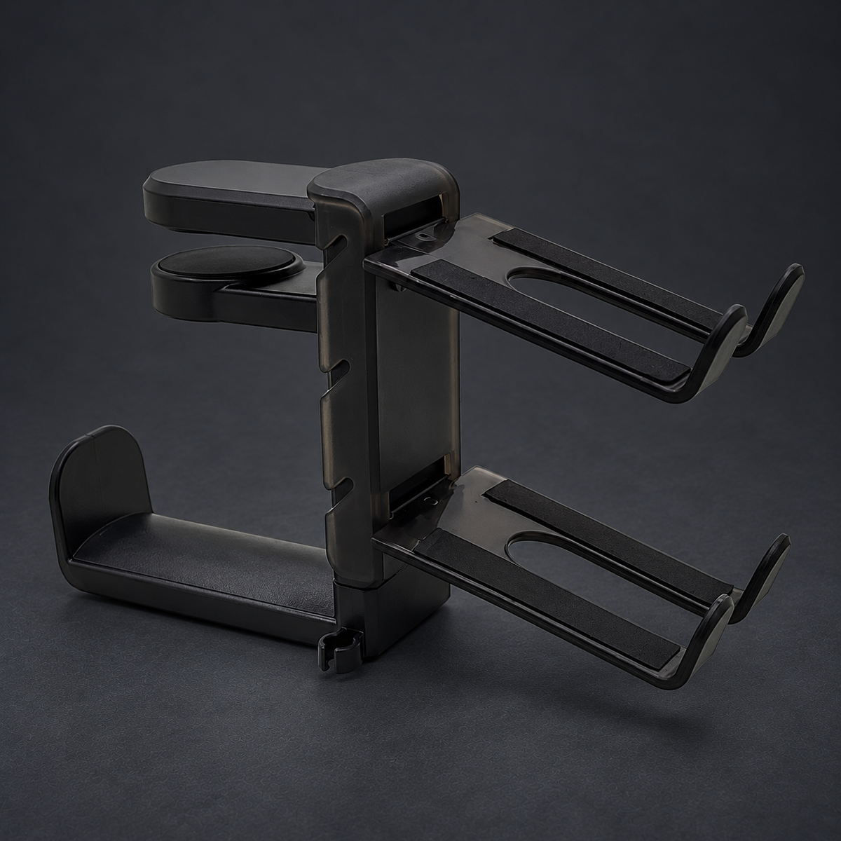 Black PERCH controller and headset holder on graphite studio background; styled visualization with branding removed