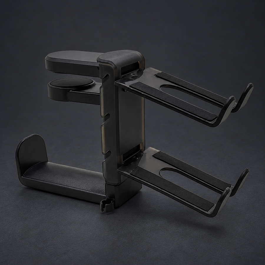 Black PERCH controller and headset holder on graphite studio background; styled visualization with branding removed