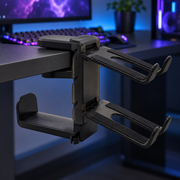Black PERCH empty holder clamped to desk edge; styled visualization with branding removed