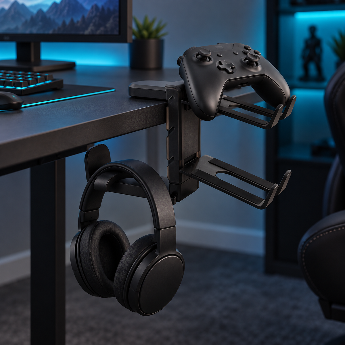 Black PERCH holder with controller and headset props; styled visualization with branding removed
