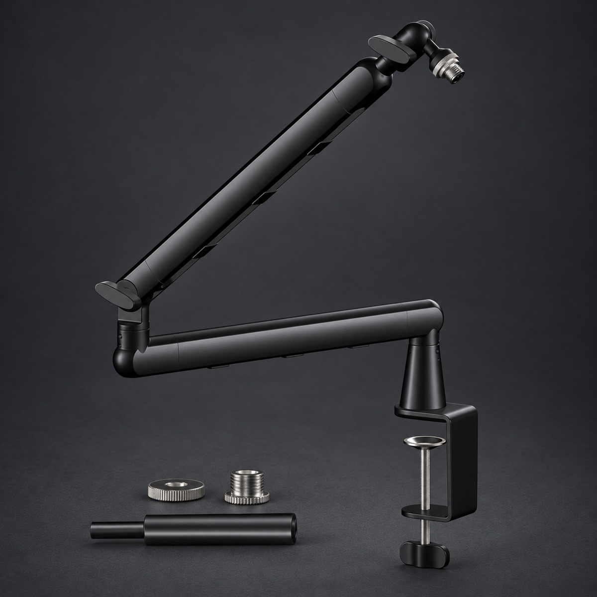 Black REACH microphone arm and accessories on graphite studio background; styled visualization with branding removed