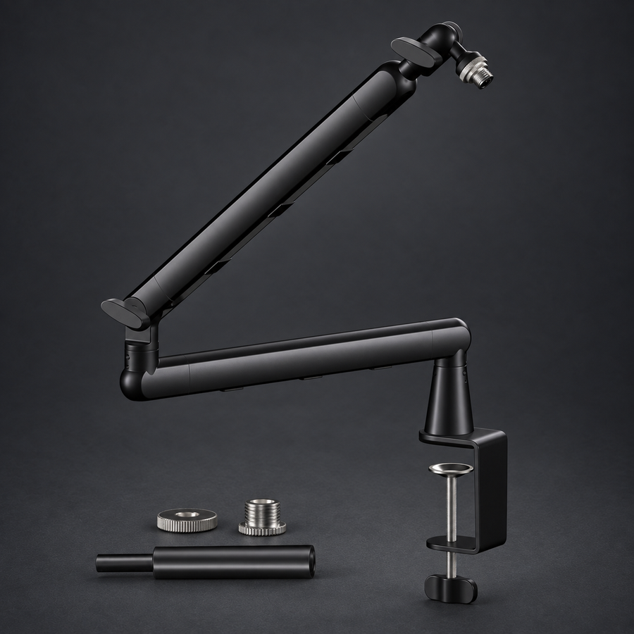 Black REACH microphone arm and accessories on graphite studio background; styled visualization with branding removed