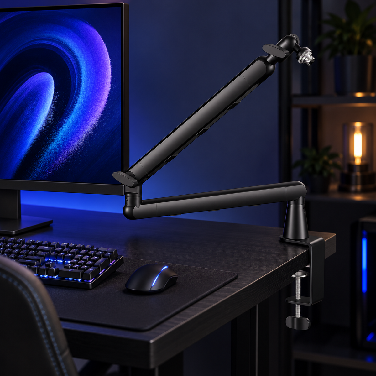 Black REACH microphone arm clamped to desk edge, no mic included; styled visualization with branding removed