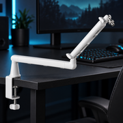 White REACH microphone arm clamped to desk edge, no mic included; styled visualization with branding removed