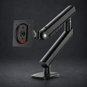 RISE A5-B black monitor arm on graphite studio background; styled visualization with branding removed