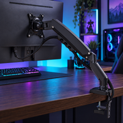 RISE F80-G black monitor arm mounted behind a monitor; styled visualization with branding removed