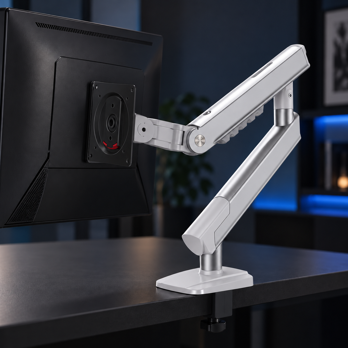 RISE A5-S silver monitor arm mounted to a desk; styled visualization with branding removed
