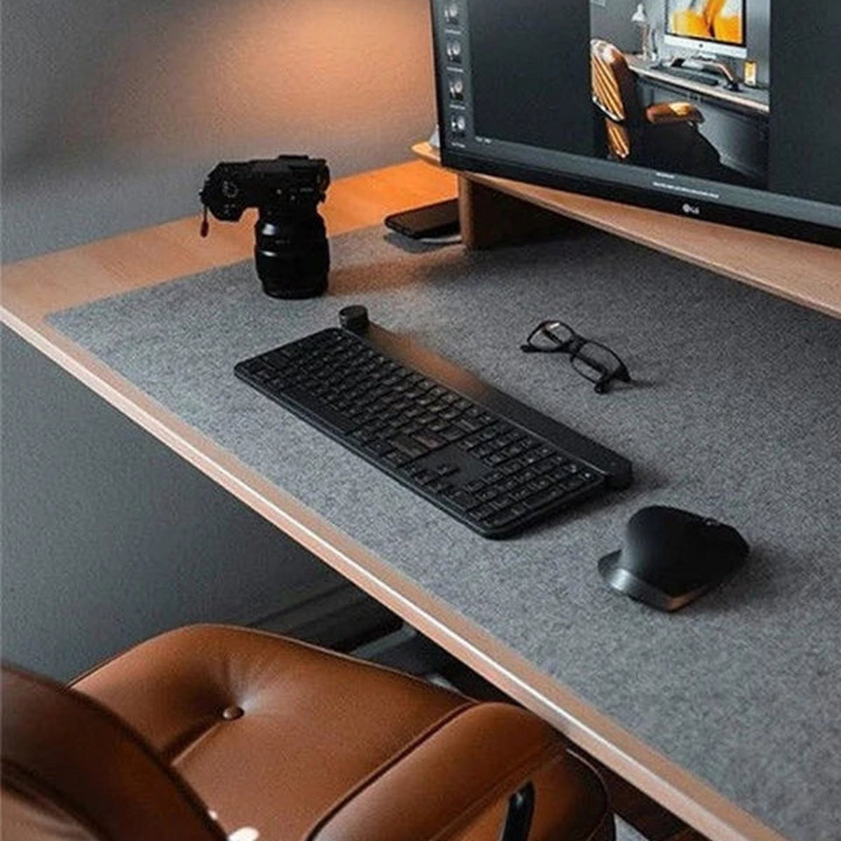 FIELD dark grey felt desk mat under a keyboard and mouse