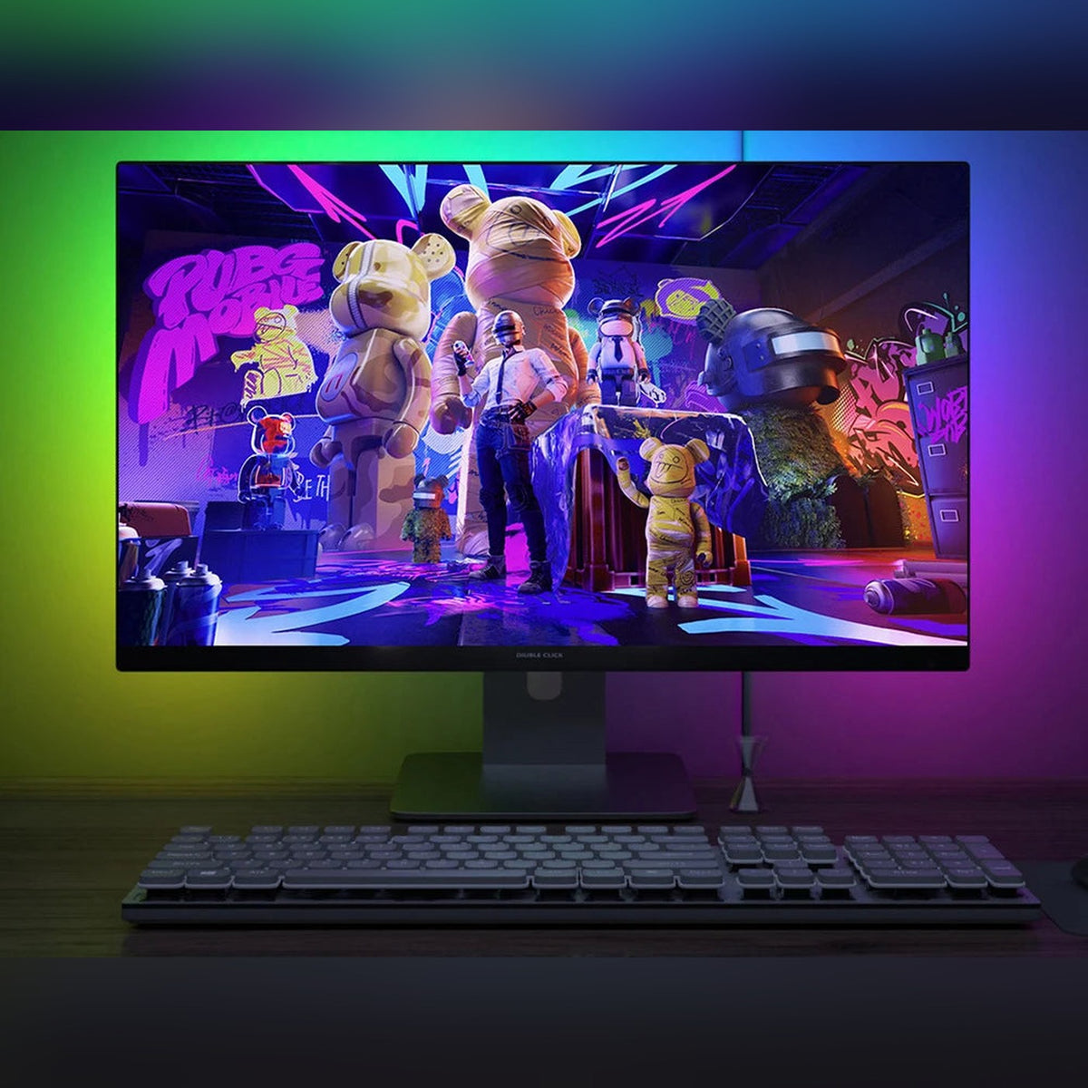 HALO glowing green behind a desk monitor