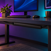 Night desk setup with the LANE cable channel tucked under the desktop and clear space below