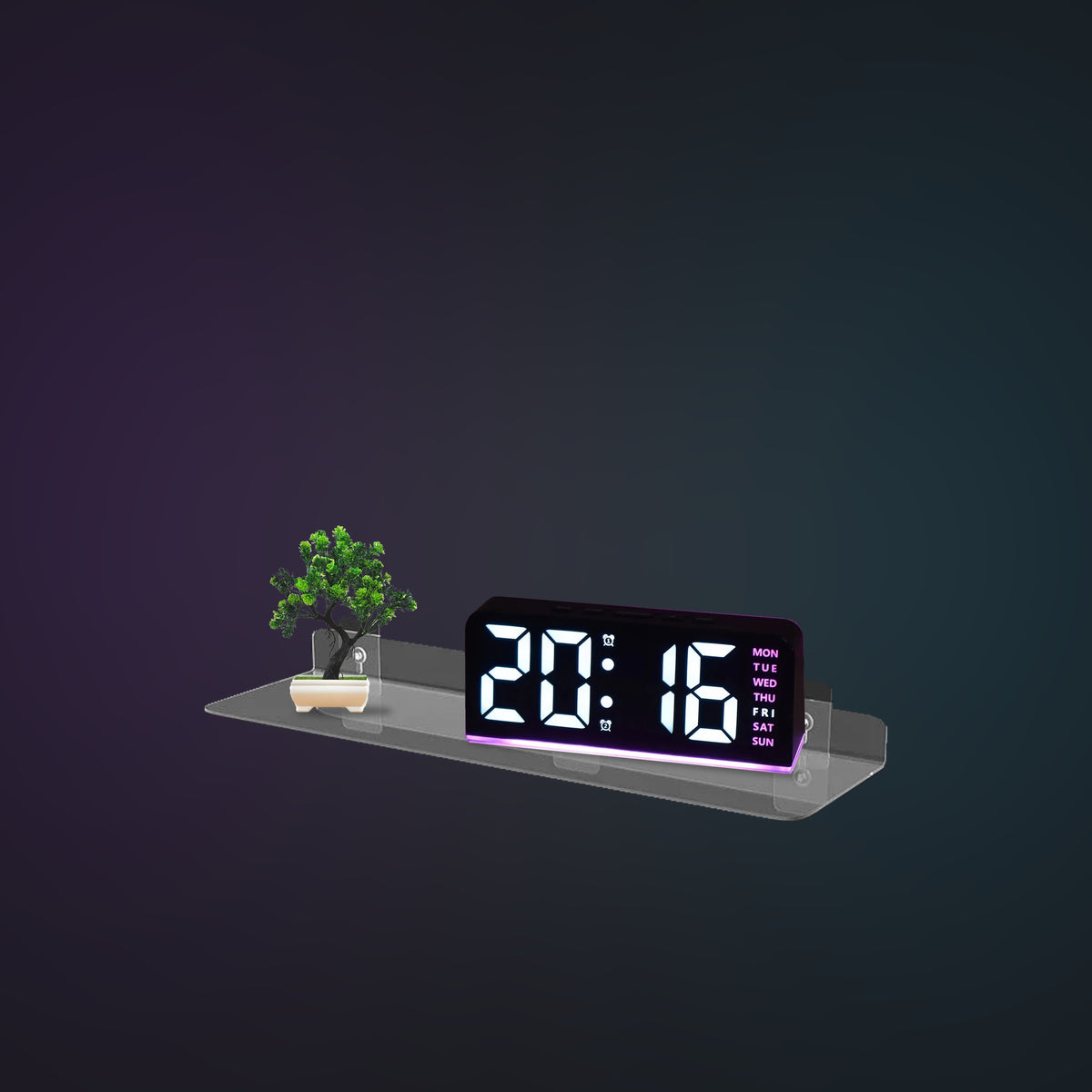 LEDGE on a gaming room wall styled with ZEN bonsai and NEON clock