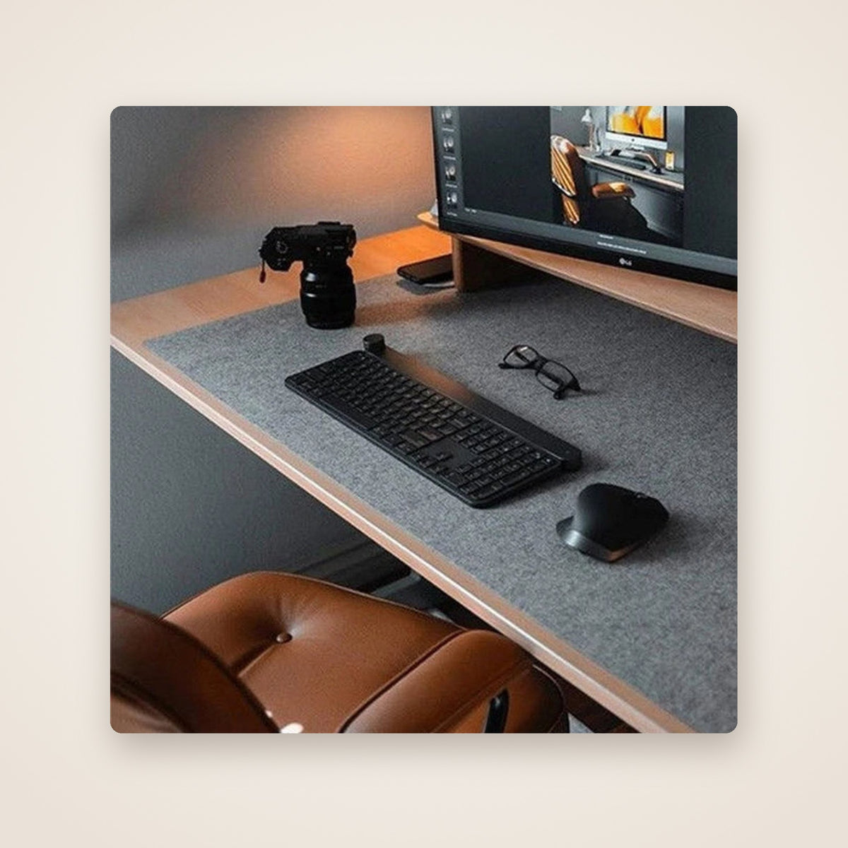 FIELD dark grey felt desk mat under a keyboard and mouse