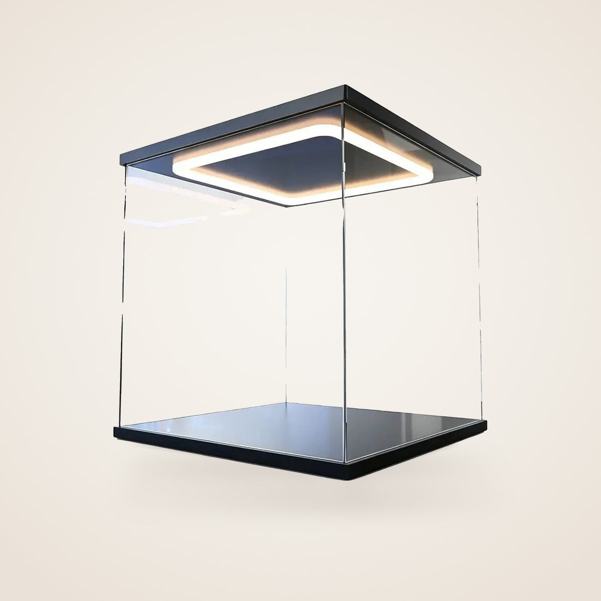 SHOWCASE clear acrylic display case with LED ring light in the lid