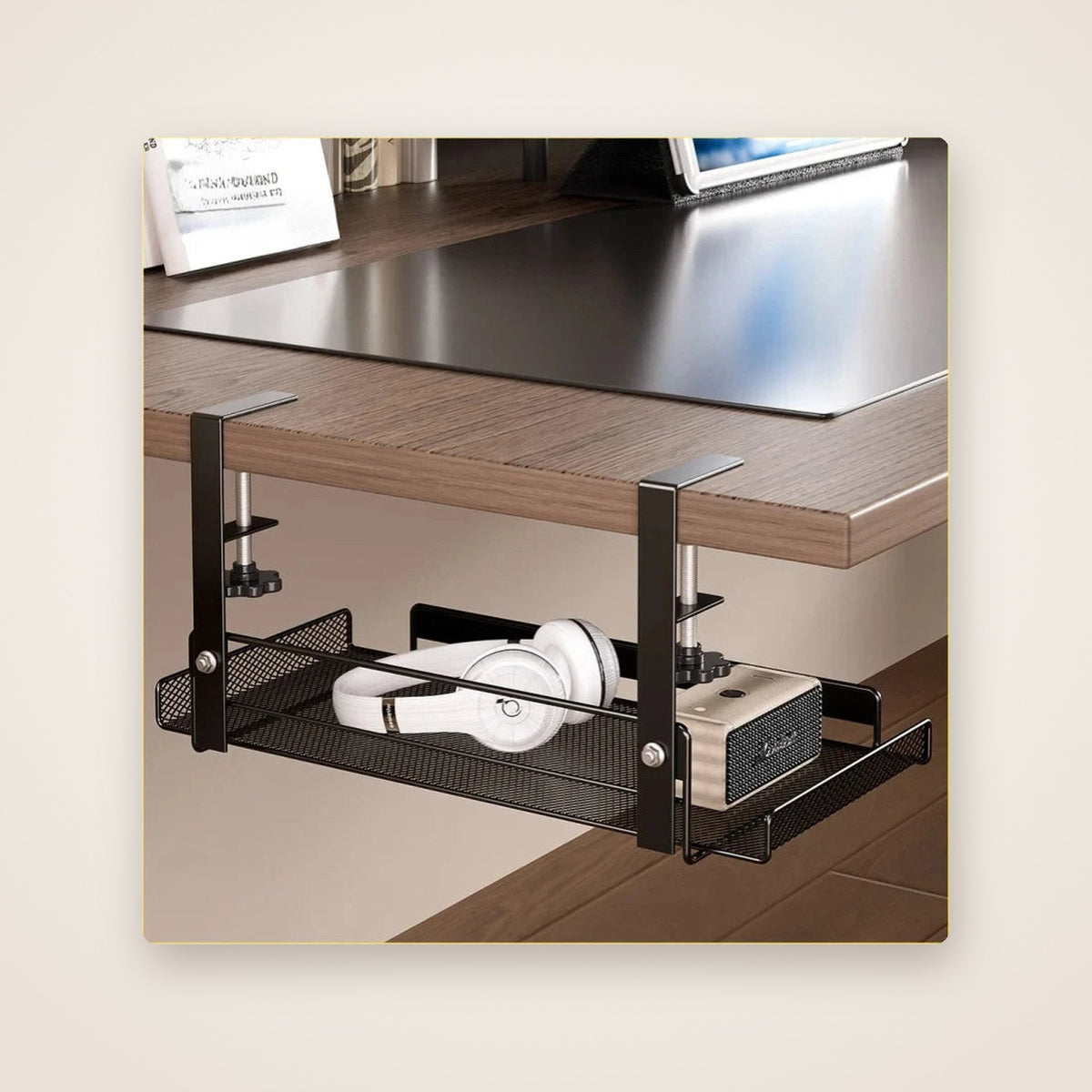 TRAY mounted under a desk holding a power strip and headphones