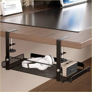 TRAY mounted under a desk holding a power strip and headphones